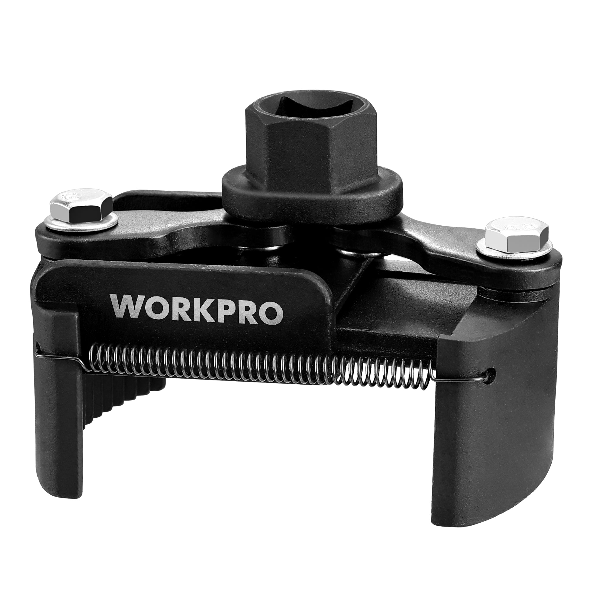 WORKPRO Universal Oil Filter Wrench in black with auto-clamp spring, durable quality and secure innovation