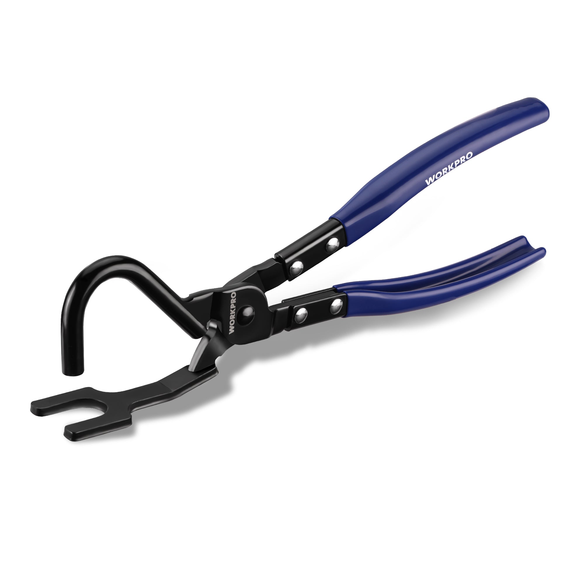 WORKPRO Exhaust Hanger Removal Tool pliers in blue and black with non-slip grip for rubber hangers
