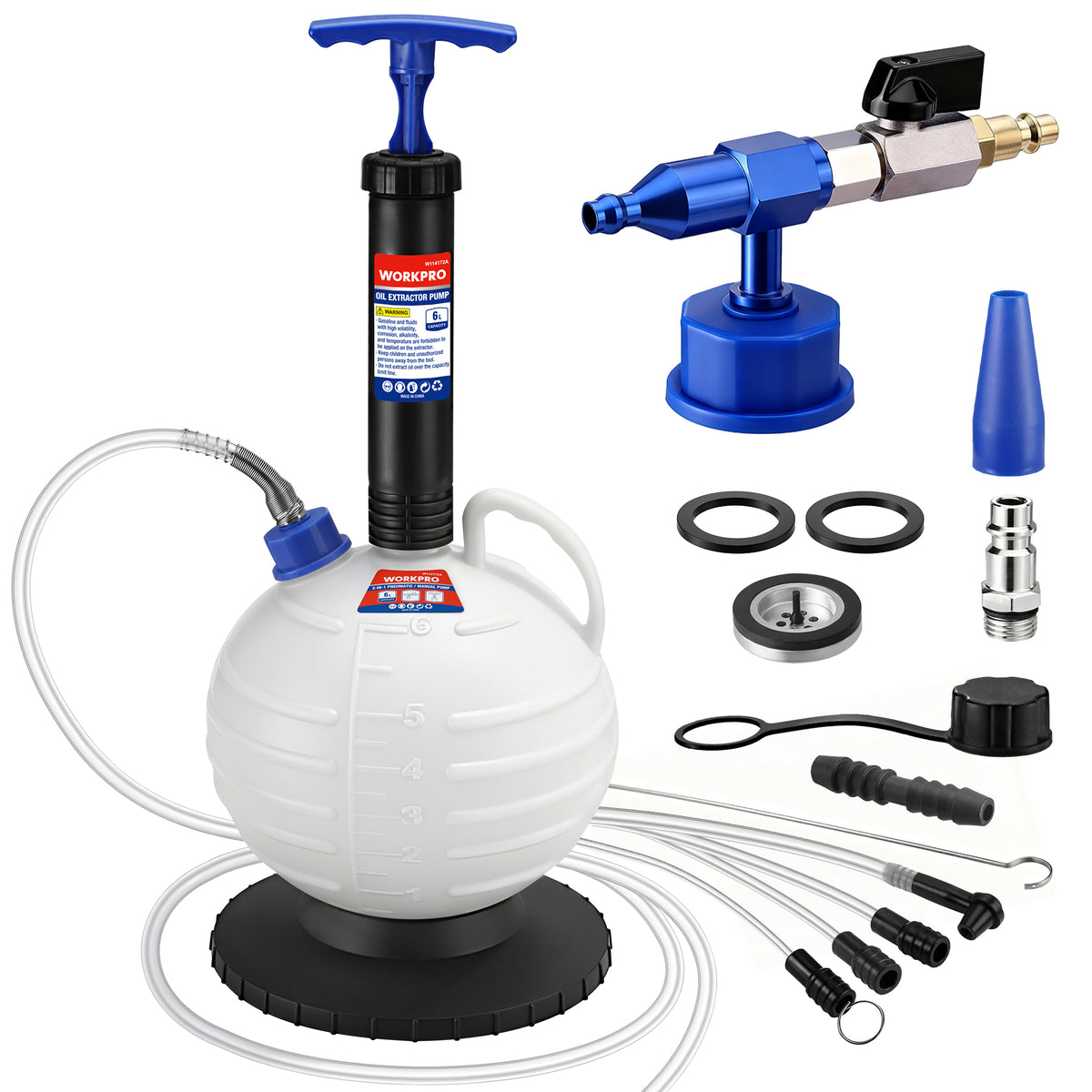 WORKPRO 6L Oil Extractor Pump, Pneumatic and Manual Fluid Extractor Pump with Main Hose, Three Extensions and Brake Bleeding Hose for Oil and Brake Fluid Change of Automotive, Marin Boat and More