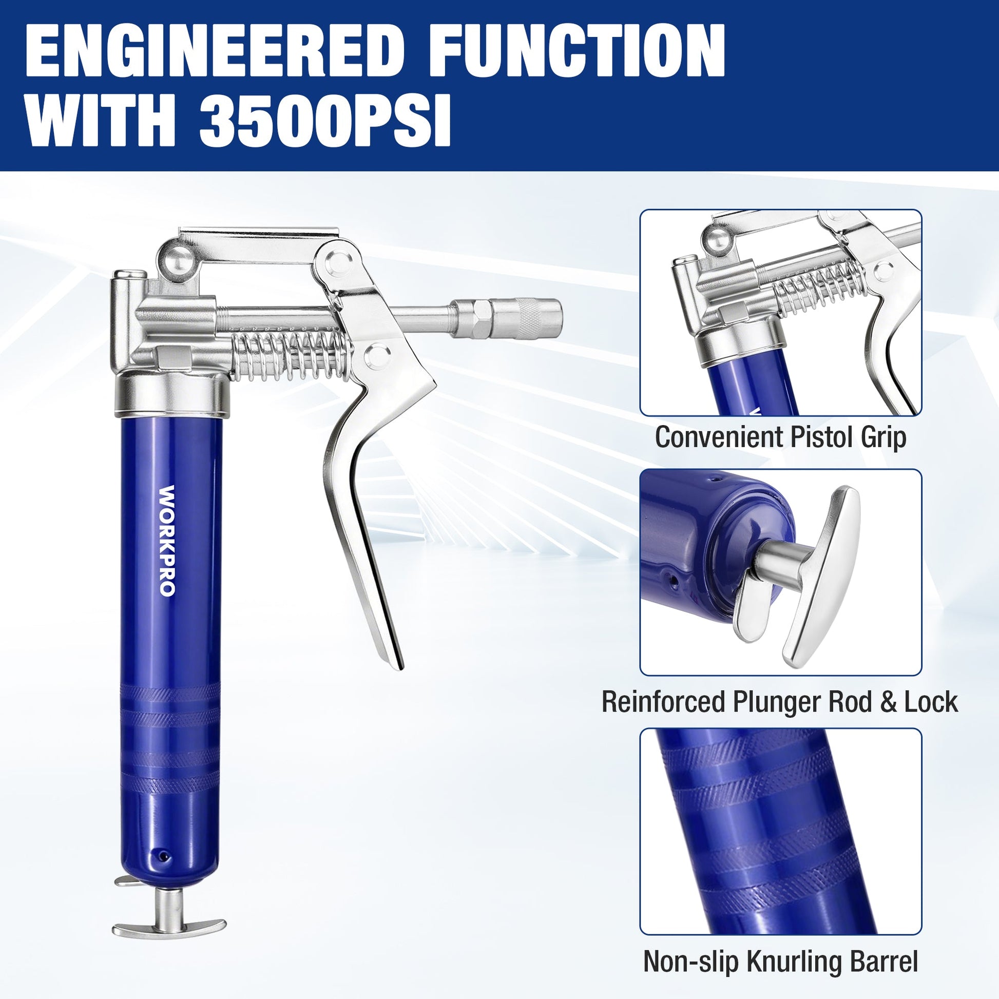 Blue mini pistol-grip grease gun with reinforced plunger and non-slip knurled barrel