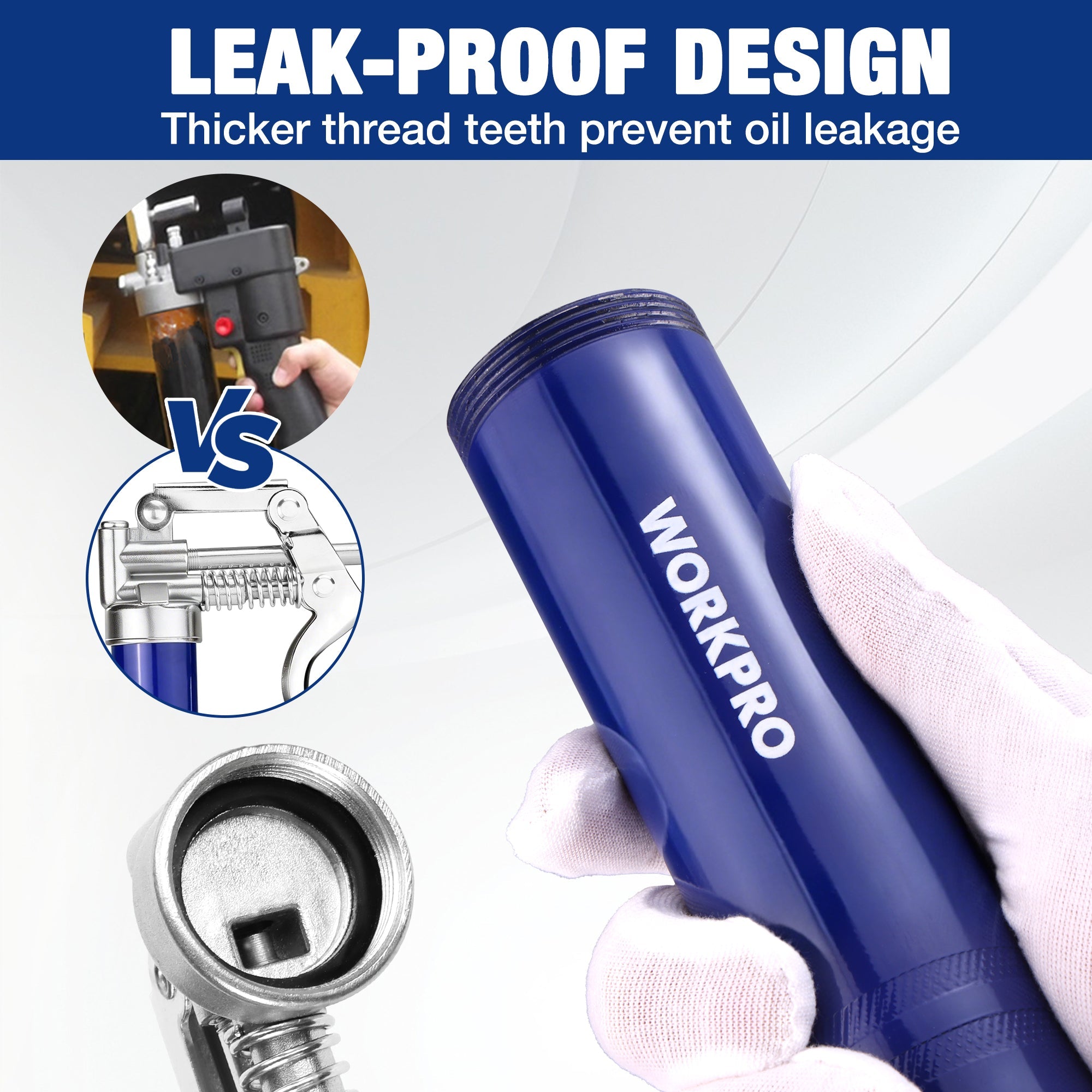 Blue grease gun with leak-proof threaded nozzle tip, shown close-up
