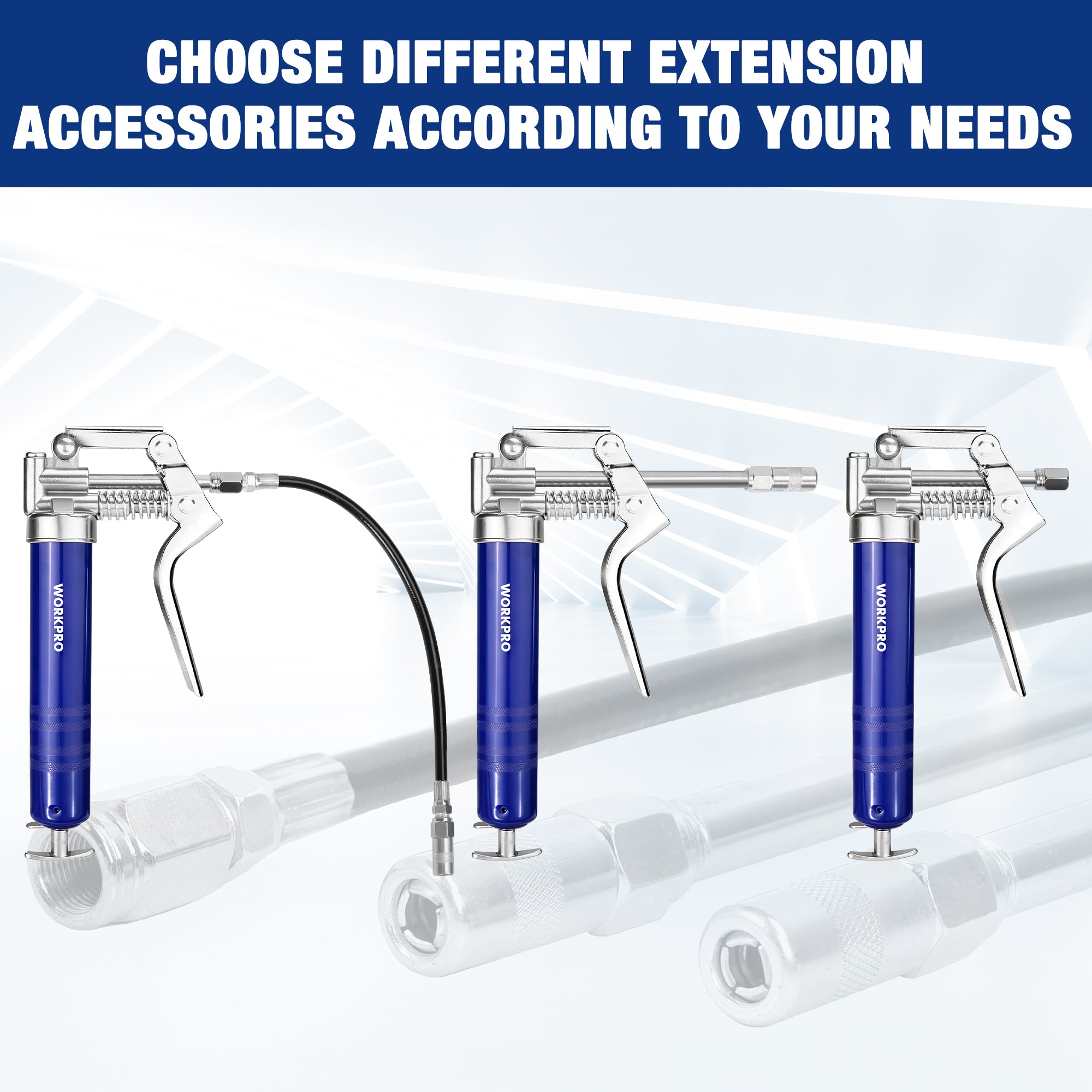 Blue mini grease gun set with interchangeable extension accessories and nozzle