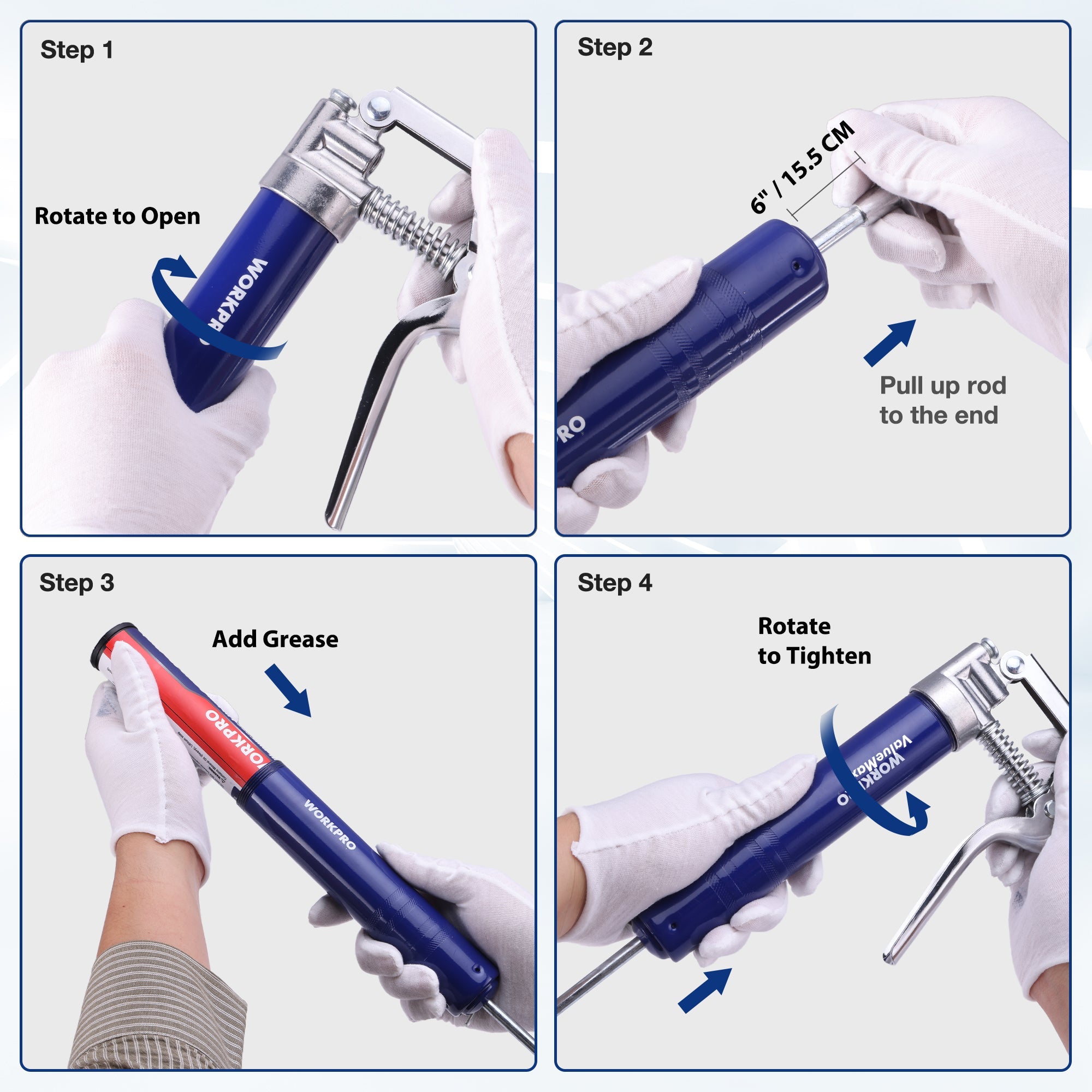 Blue mini grease gun shown loading grease cartridge and rotating to tighten