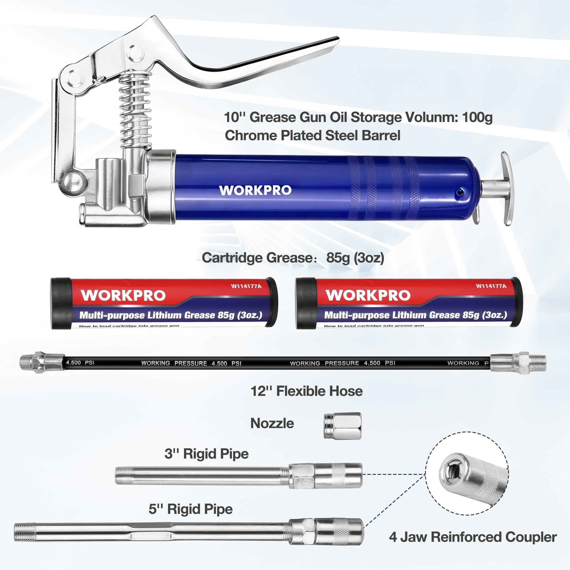 Blue grease gun with chrome barrel storage, grease cartridge, flexible hose, and couplers