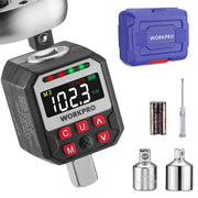 WorkPro digital torque wrench shown with its blue carrying case, battery, screwdriver, and metal socket adapters on a white background.