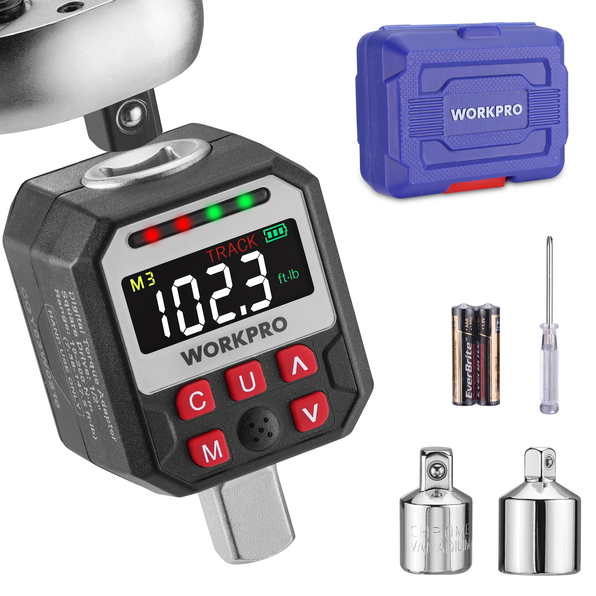 WorkPro digital torque wrench shown with its blue carrying case, battery, screwdriver, and metal socket adapters on a white background.