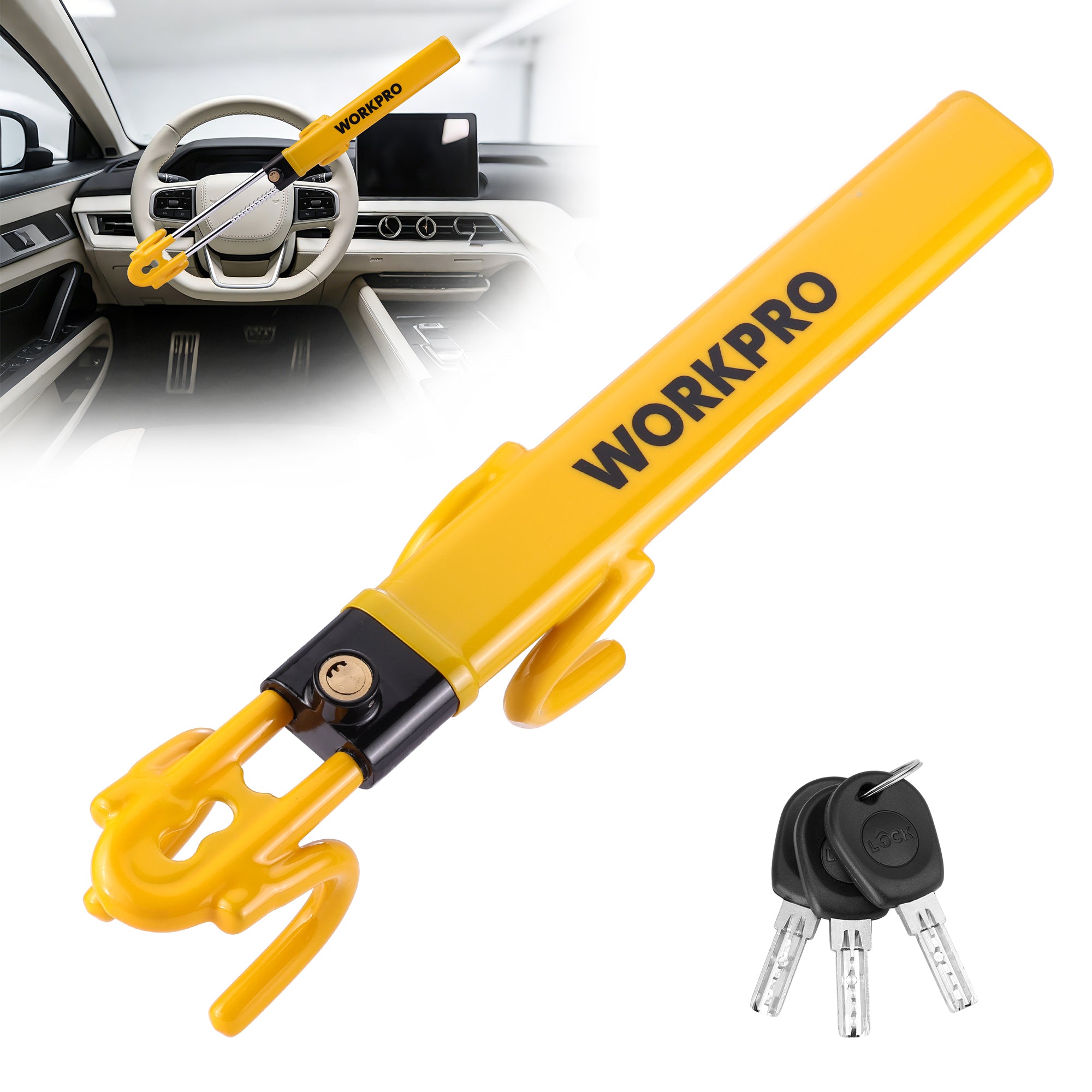 WORKPRO Steering Wheel Lock, heavy duty anti theft car device in yellow with visible security lock and 3 keys
