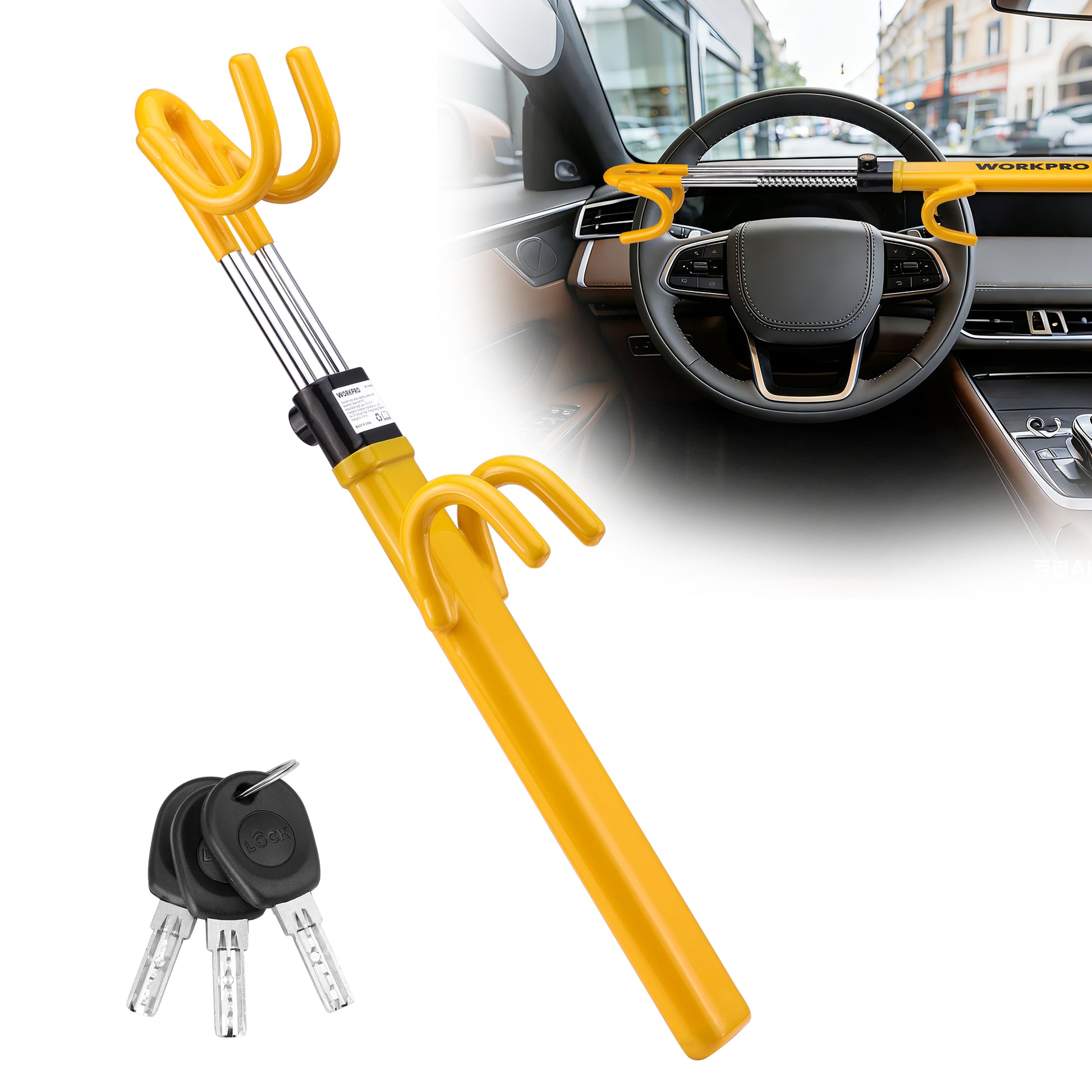 WORKPRO steering wheel lock in yellow and black with visible security lock, innovation quality and secure fit