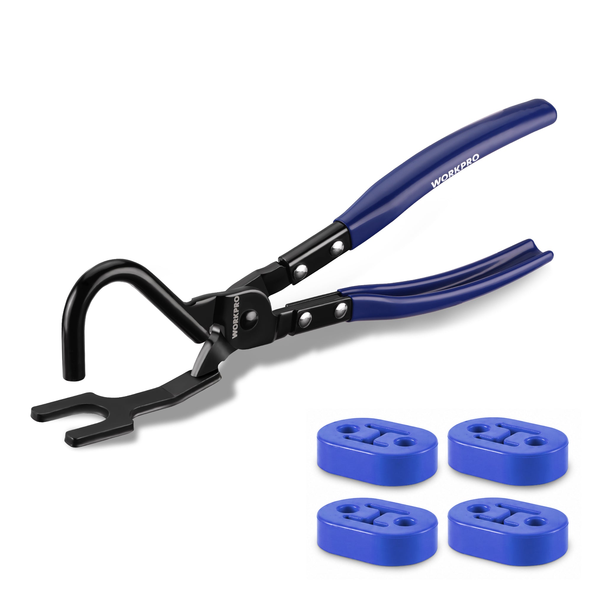 WORKPRO Exhaust Hanger Removal Tool with 4 Rubber Hangers, Blue | Non-Slip Grip, For Rubber Exhaust Hangers Muffler Hanger, Compatible with Most Domestic & Imported Exhaust Systems