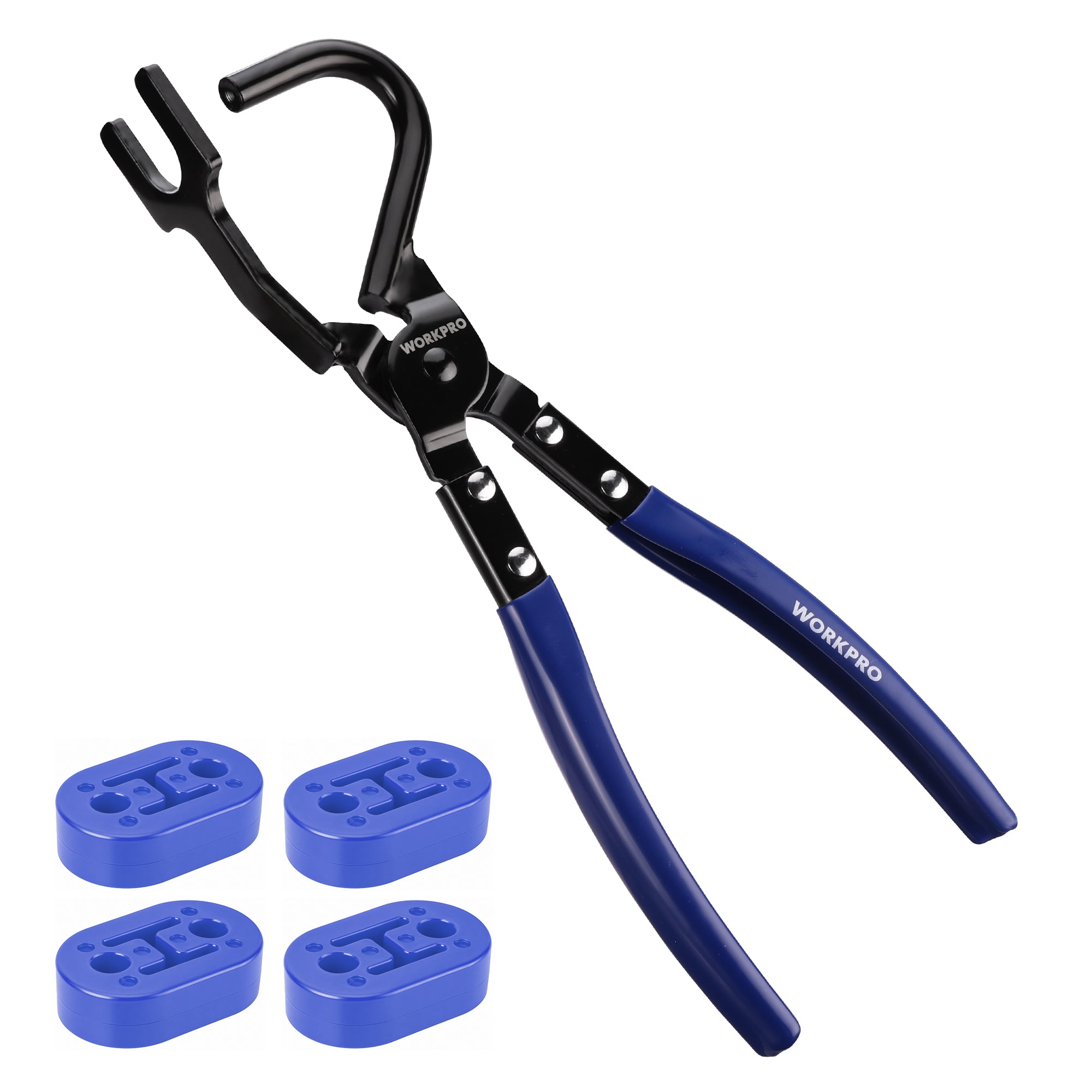 WORKPRO Exhaust Hanger Removal Tool with 4 Rubber Hangers, Blue | Non-Slip Grip, For Rubber Exhaust Hangers Muffler Hanger, Compatible with Most Domestic & Imported Exhaust Systems