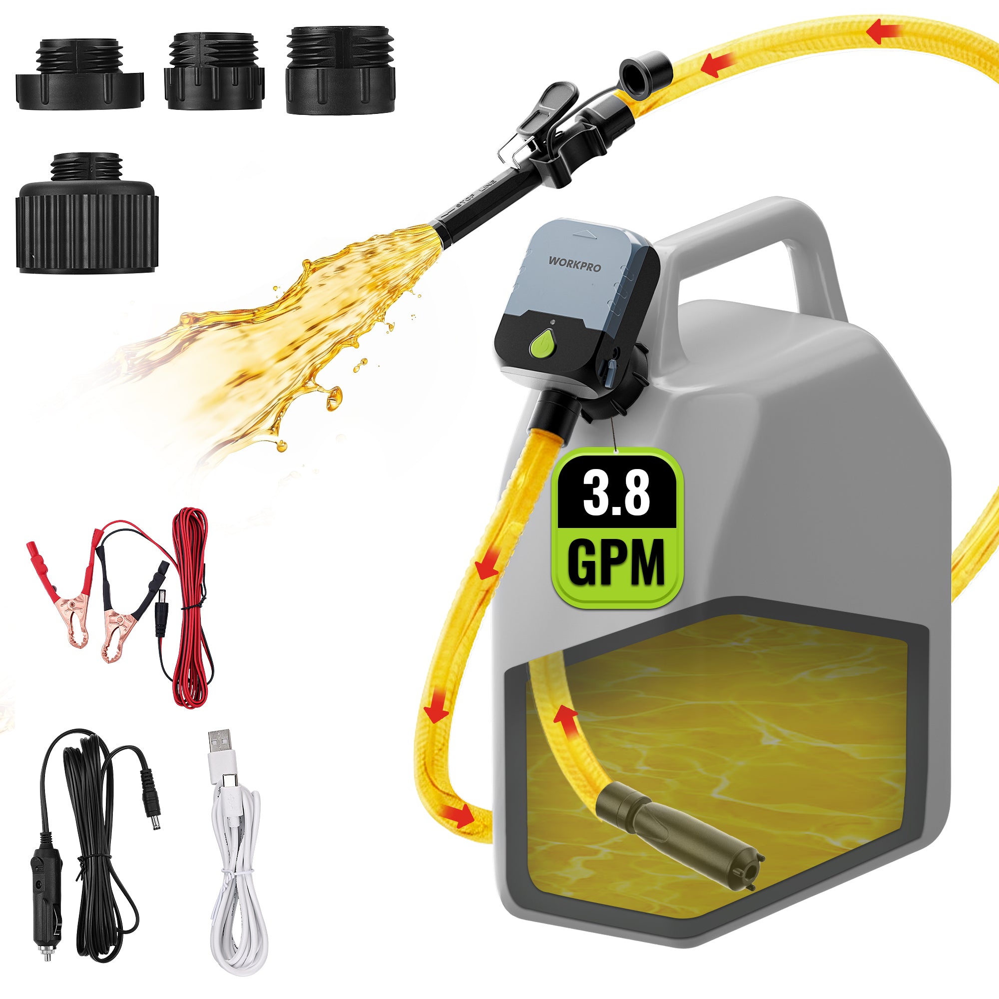 WORKPRO Electric Fuel Transfer Pump with Auto-Stop in gray with innovation, quality, and durable leak protection