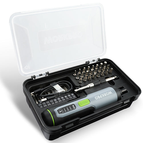 Workpro 4V electric screwdriver set in gray and black with green accents, featuring CR-V steel screwdriver bits.