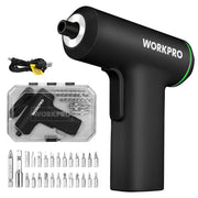 WORKPRO cordless screwdriver shown with its USB charging cable, clear storage case, and multiple metal screwdriver bits on a white background.