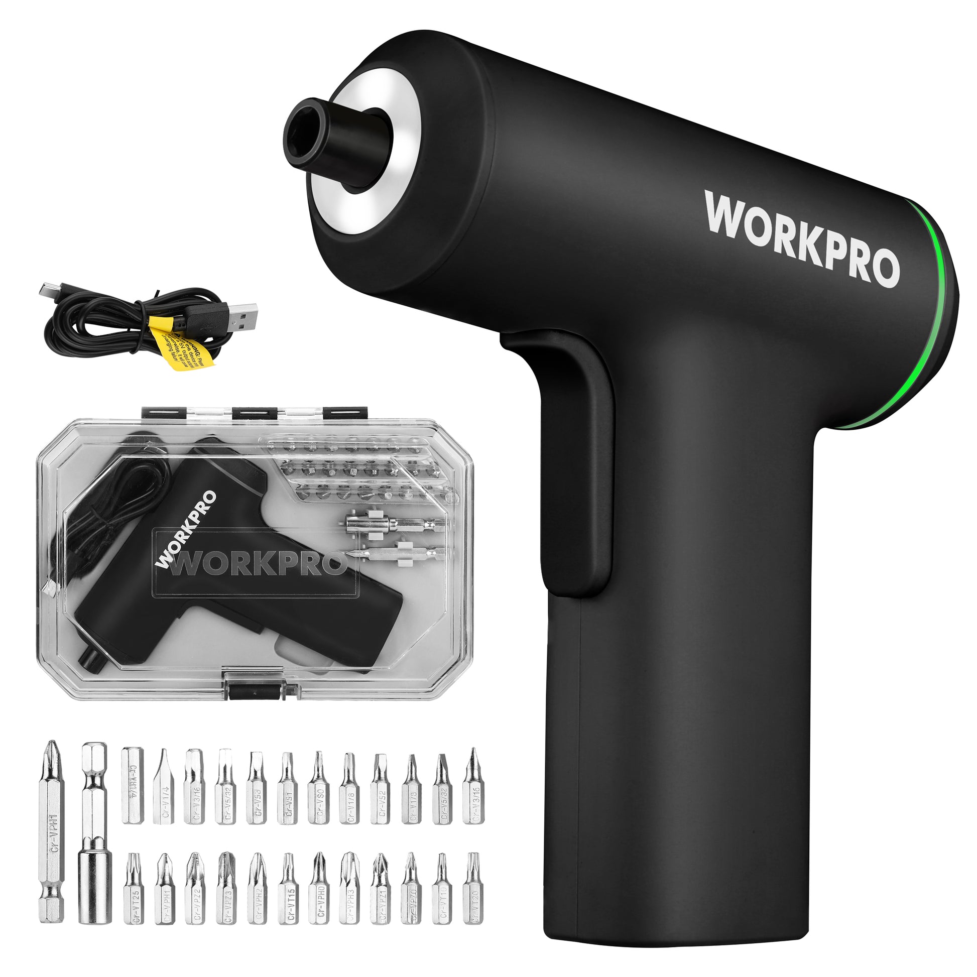 WORKPRO cordless screwdriver shown with its USB charging cable, clear storage case, and multiple metal screwdriver bits on a white background.