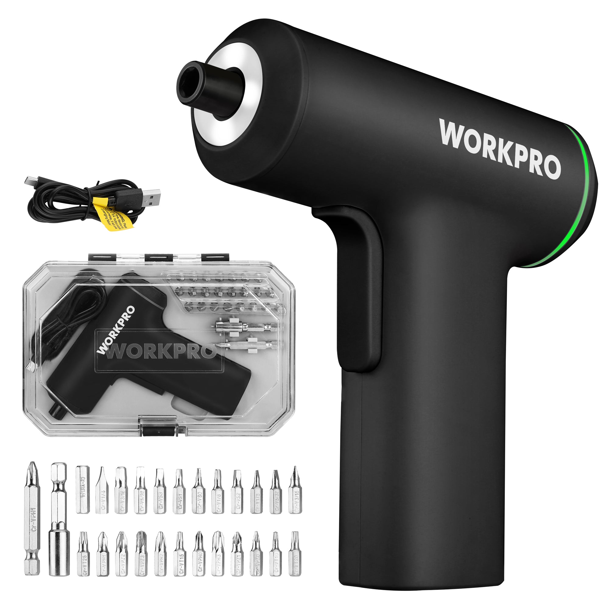 WORKPRO cordless screwdriver shown with its USB charging cable, clear storage case, and multiple metal screwdriver bits on a white background.