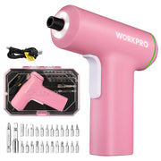 Pink WORKPRO cordless nail drill gun with a white trigger, shown alongside a black USB charging cable, a clear storage case containing the drill, and multiple silver drill bit attachments on a white background.