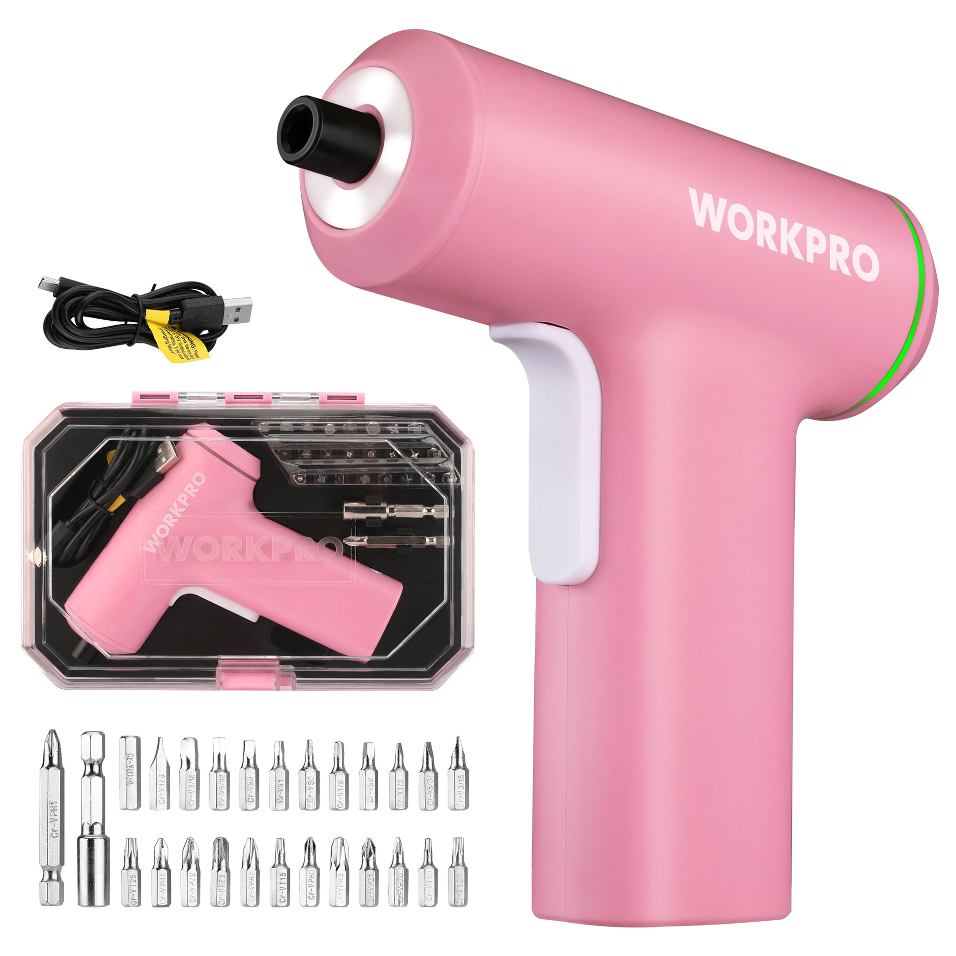 Pink WORKPRO cordless nail drill gun with a white trigger, shown alongside a black USB charging cable, a clear storage case containing the drill, and multiple silver drill bit attachments on a white background.