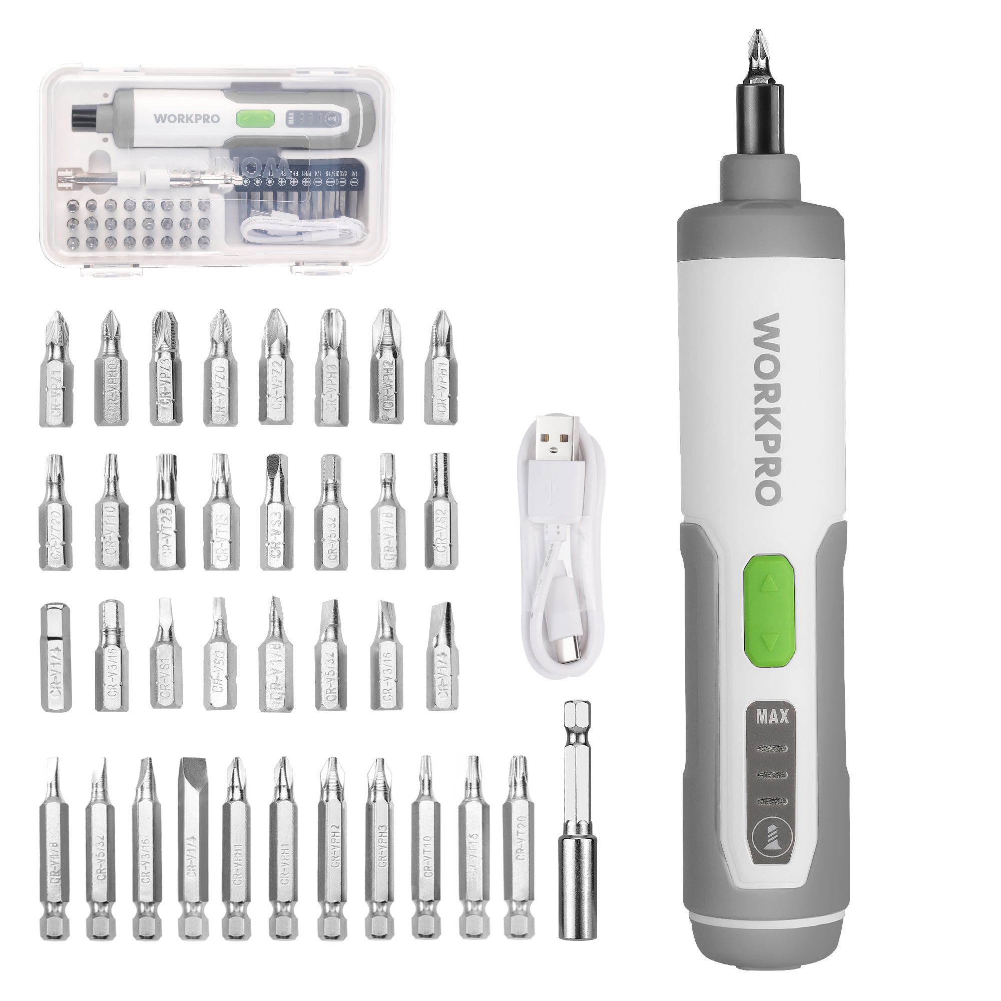 WORKPRO 4V cordless electric screwdriver kit in gray with innovation, quality, secure, durable, convenient design