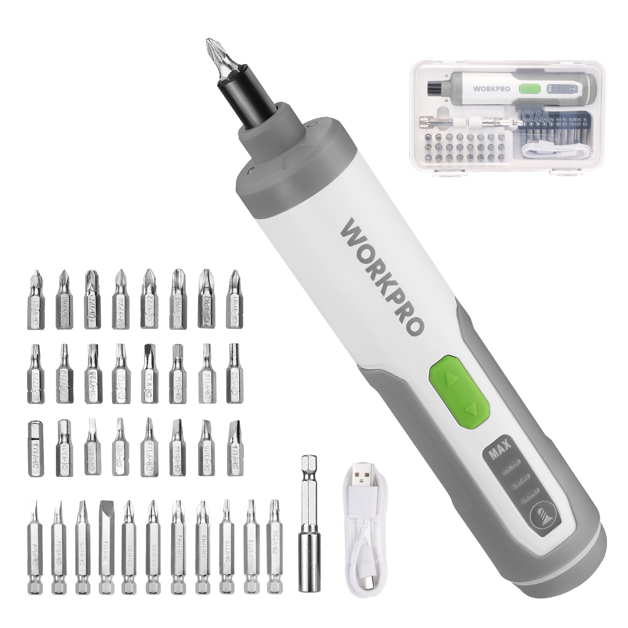 WORKPRO 4V cordless electric screwdriver with 35PC bits, innovation quality high-quality durable secure LED light