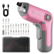 Pink and gray cordless electric screwdriver with offset chuck and LED light