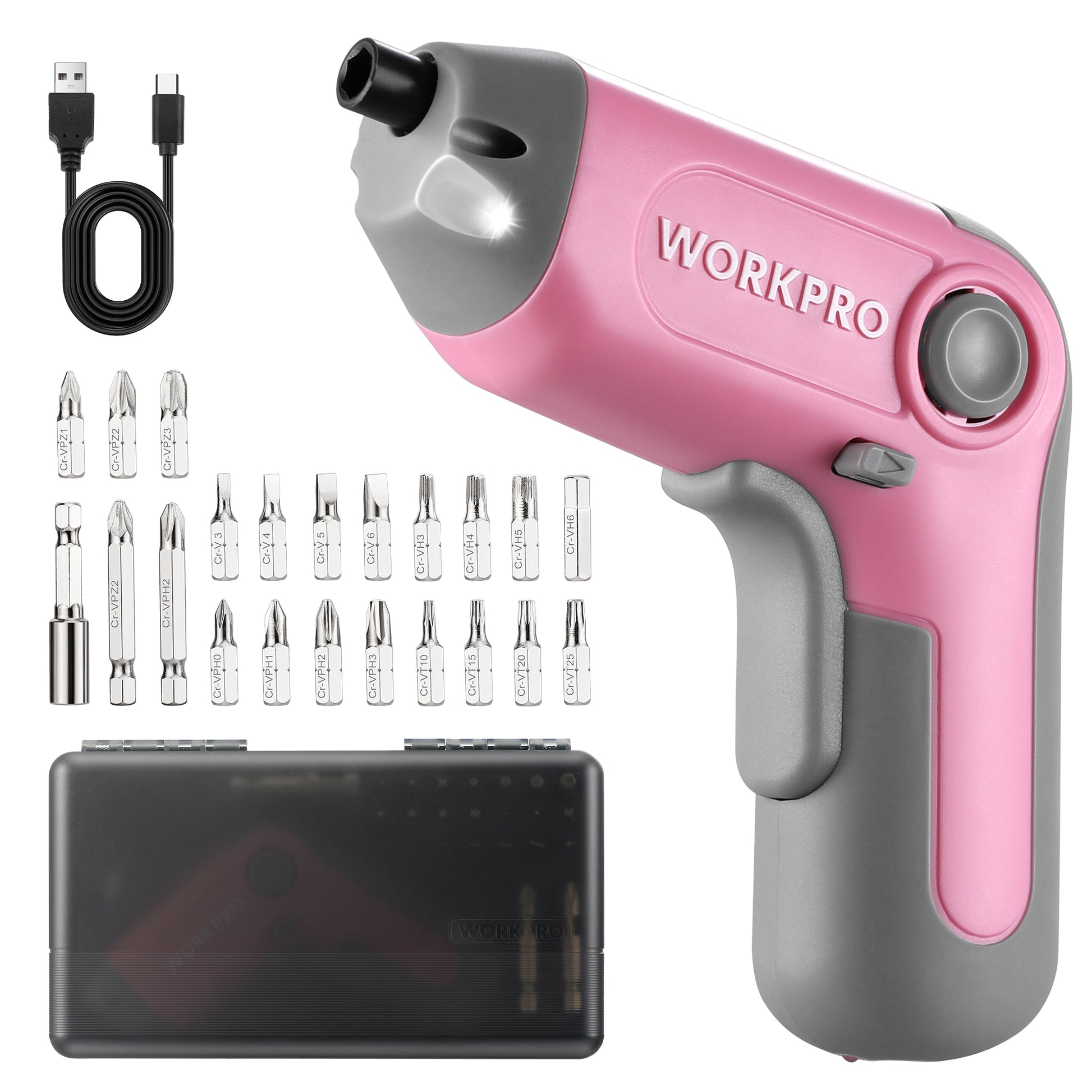 Pink and gray cordless electric screwdriver with offset chuck and LED light