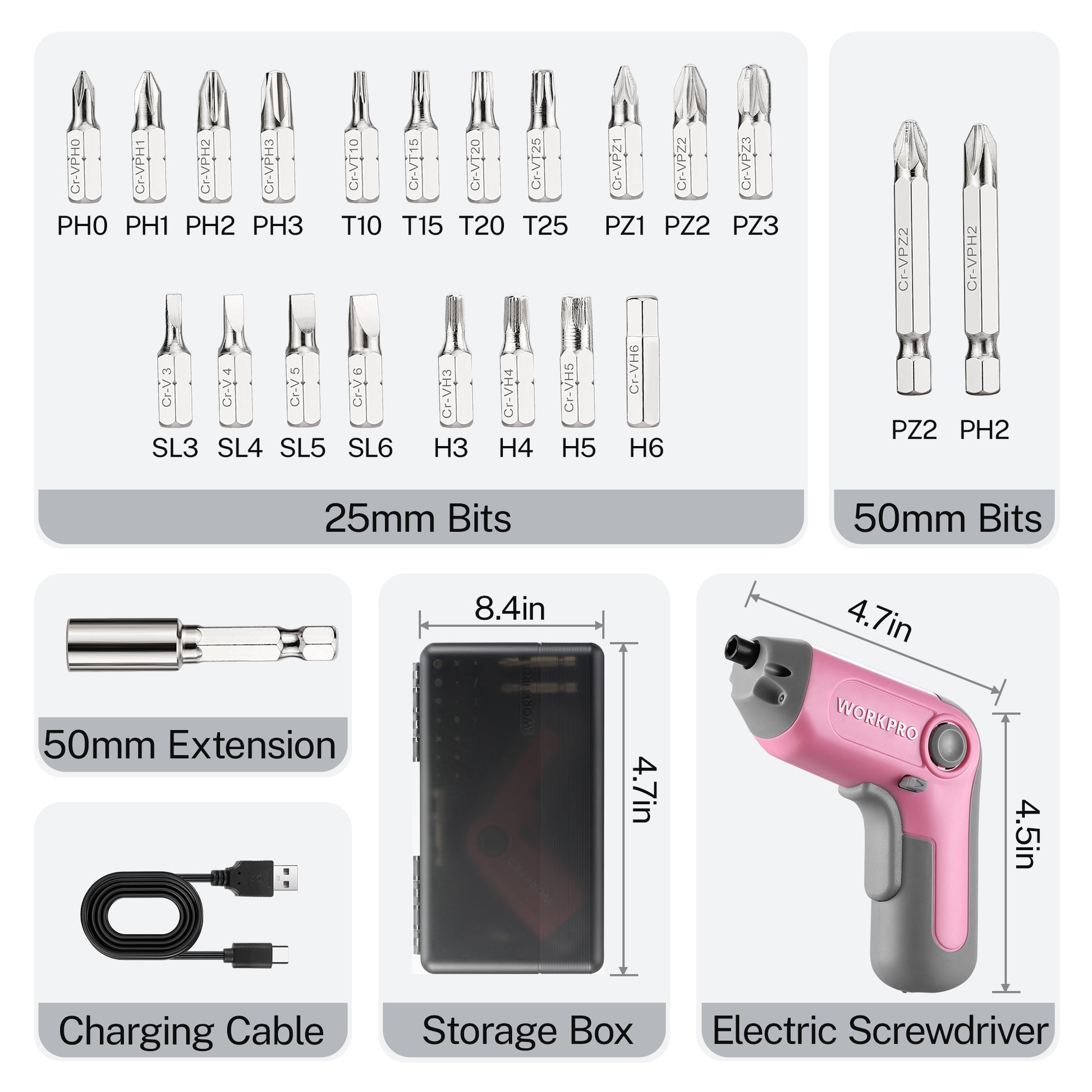 Assorted metal screwdriver bits and extensions with storage box and charger cable