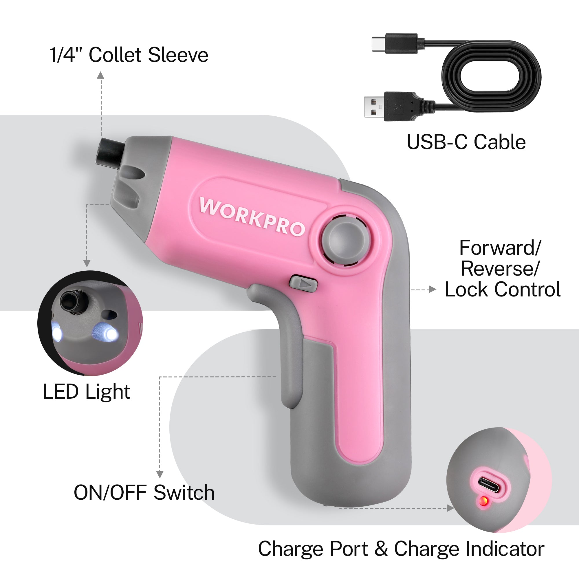 Pink Workpro electric screwdriver with charge port, charge indicator, and LED light