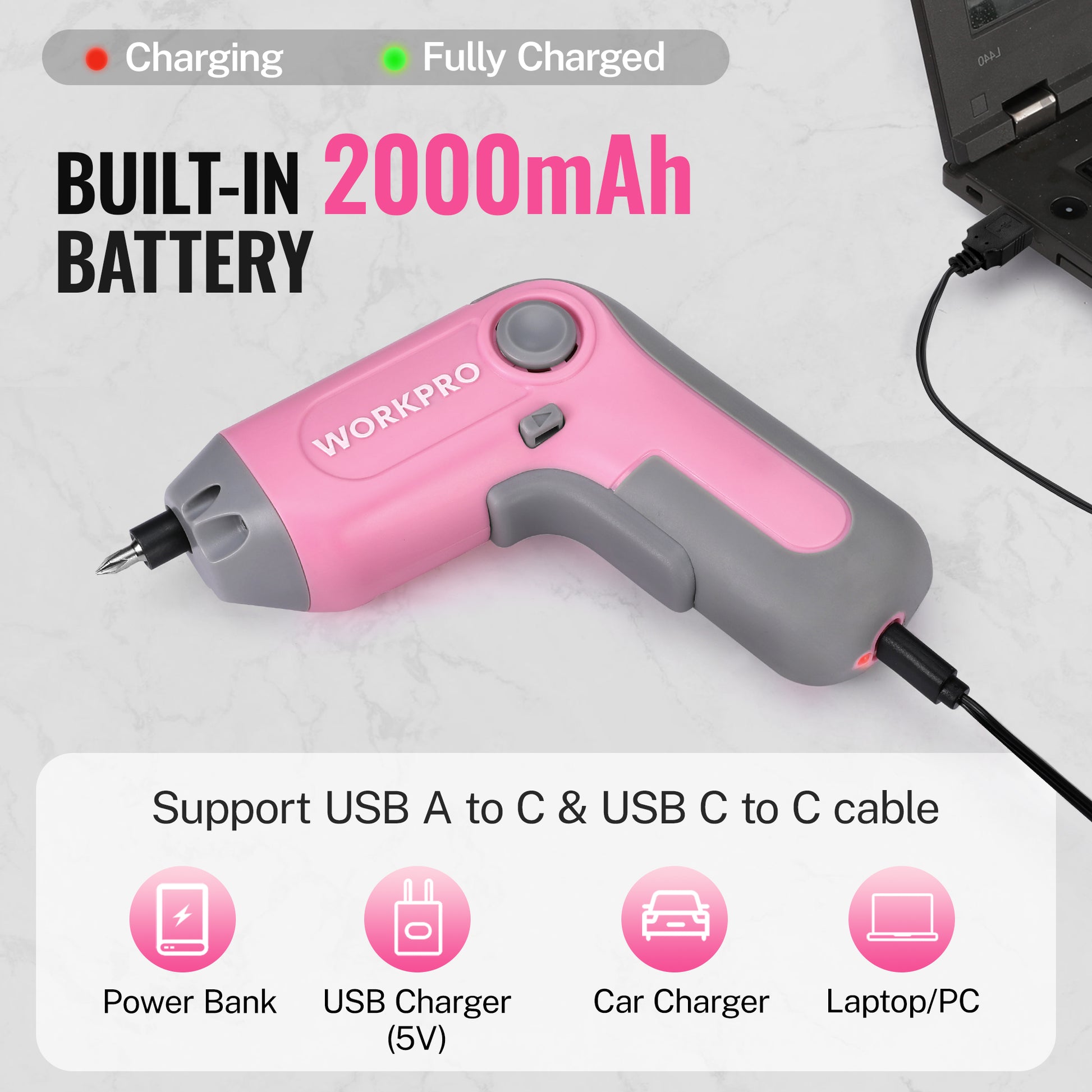 Pink Workpro cordless screwdriver with built-in 2000mAh battery and charging cable
