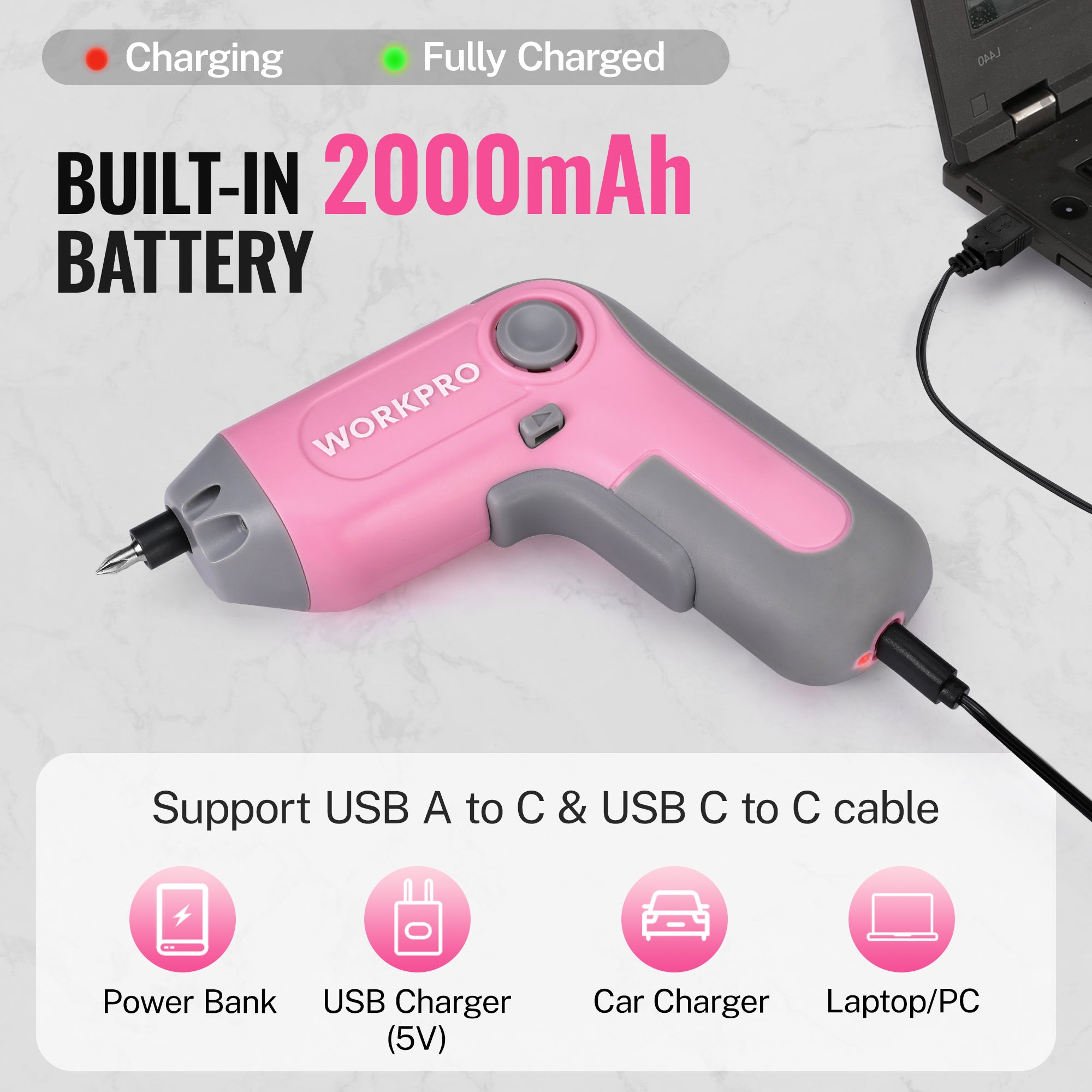 Pink Workpro cordless screwdriver with built-in 2000mAh battery and charging cable