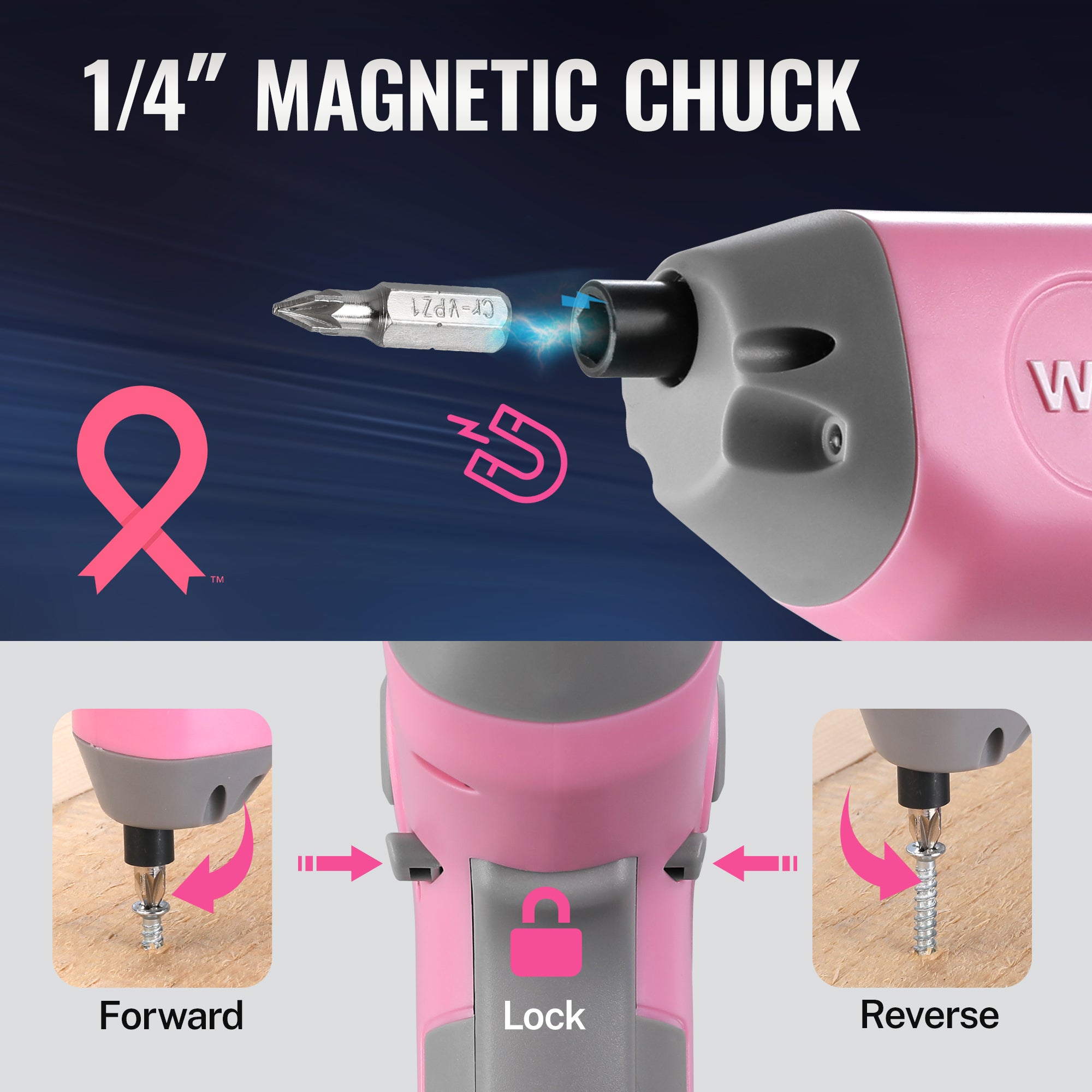 Pink Workpro electric screwdriver with magnetic chuck and forward/lock/reverse control