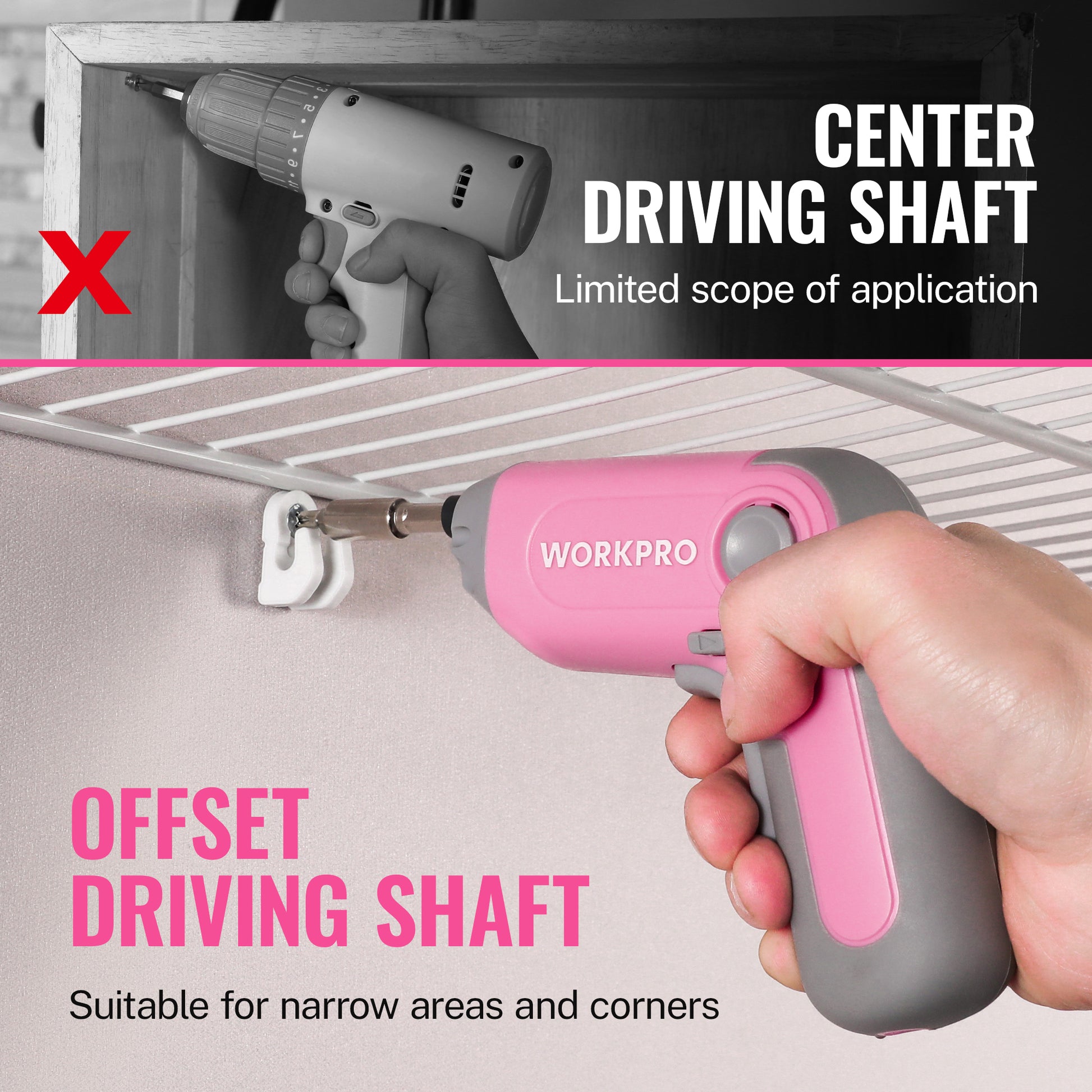 Pink Workpro cordless screwdriver with offset driving shaft for narrow spaces