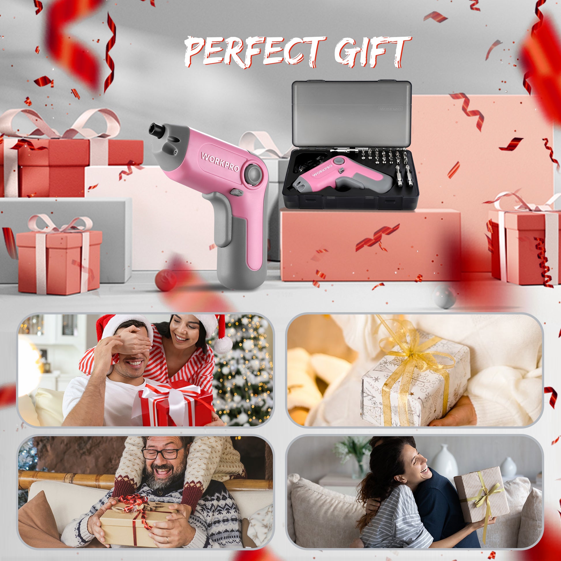 Pink Workpro cordless screwdriver gift set with storage case and screwdriver bits