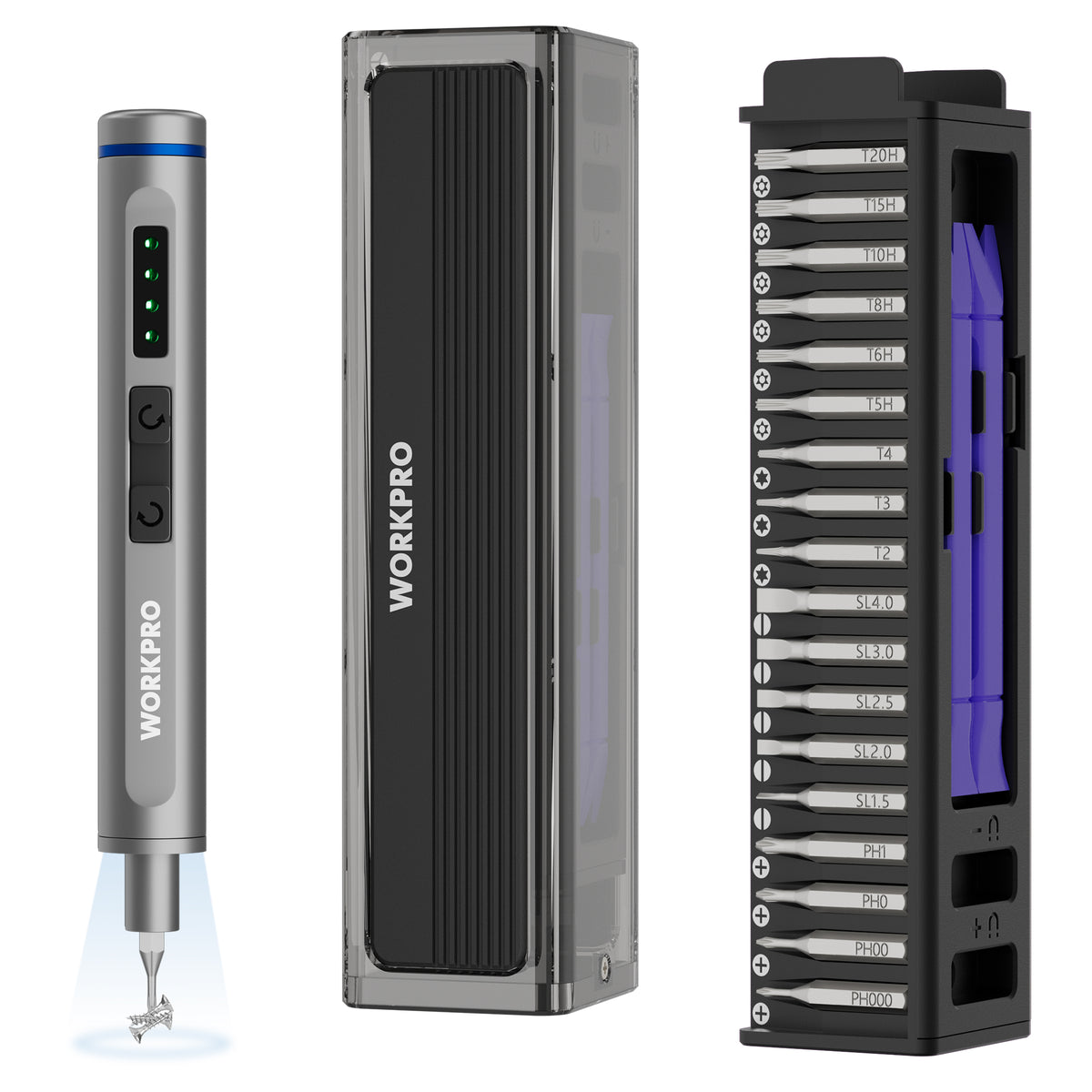 Workpro mini electric screwdriver with magnetizer, gray aluminum alloy body with dual LED work lights and bit case.