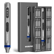WORKPRO electric precision screwdriver kit in open organizer with multiple metal bits