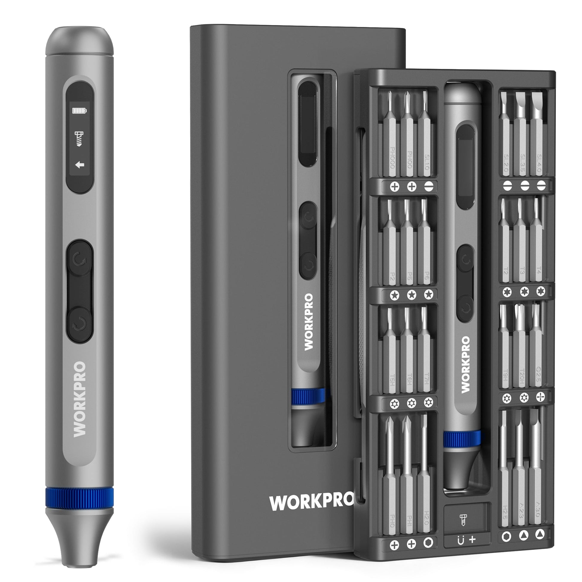 WORKPRO electric precision screwdriver kit in open organizer with multiple metal bits