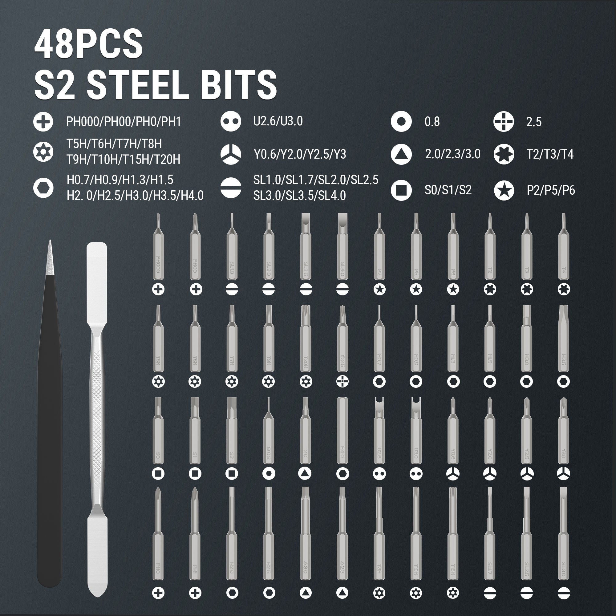 Set of precision screwdriver bits array with S2 steel tips and labeled sizes