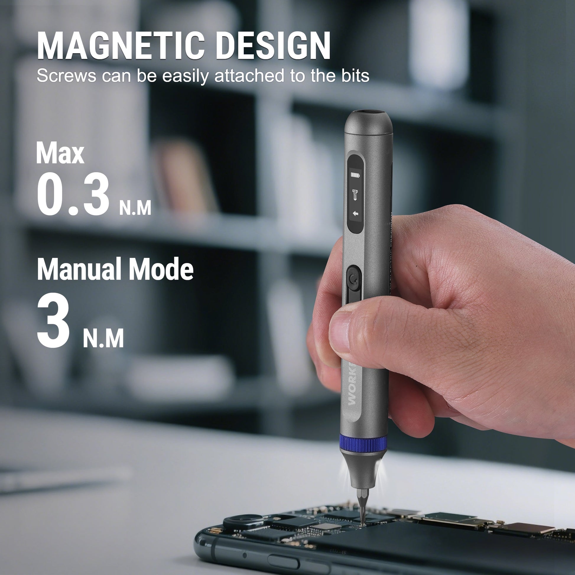 WORKPRO electric precision screwdriver held by hand, tip ready for magnetic bit use