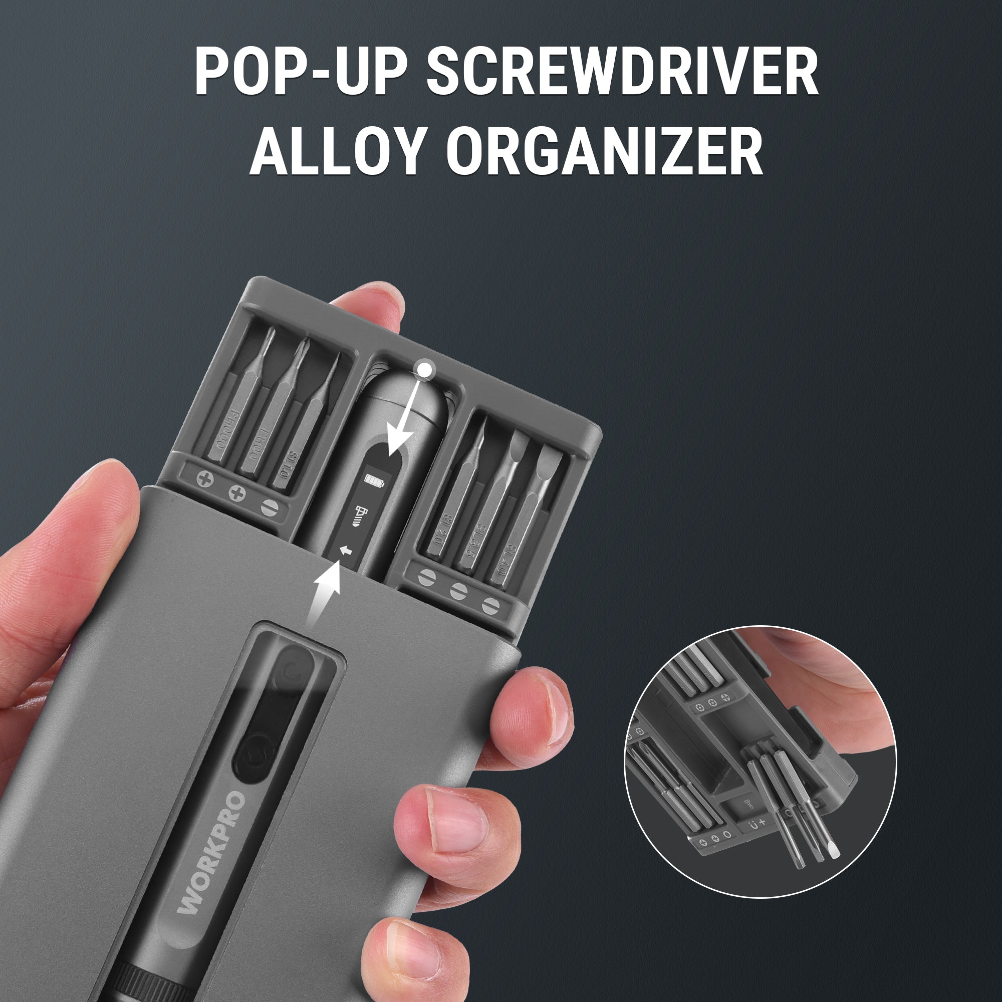 Pop-up alloy organizer holding multiple screwdriver bits in a gray case