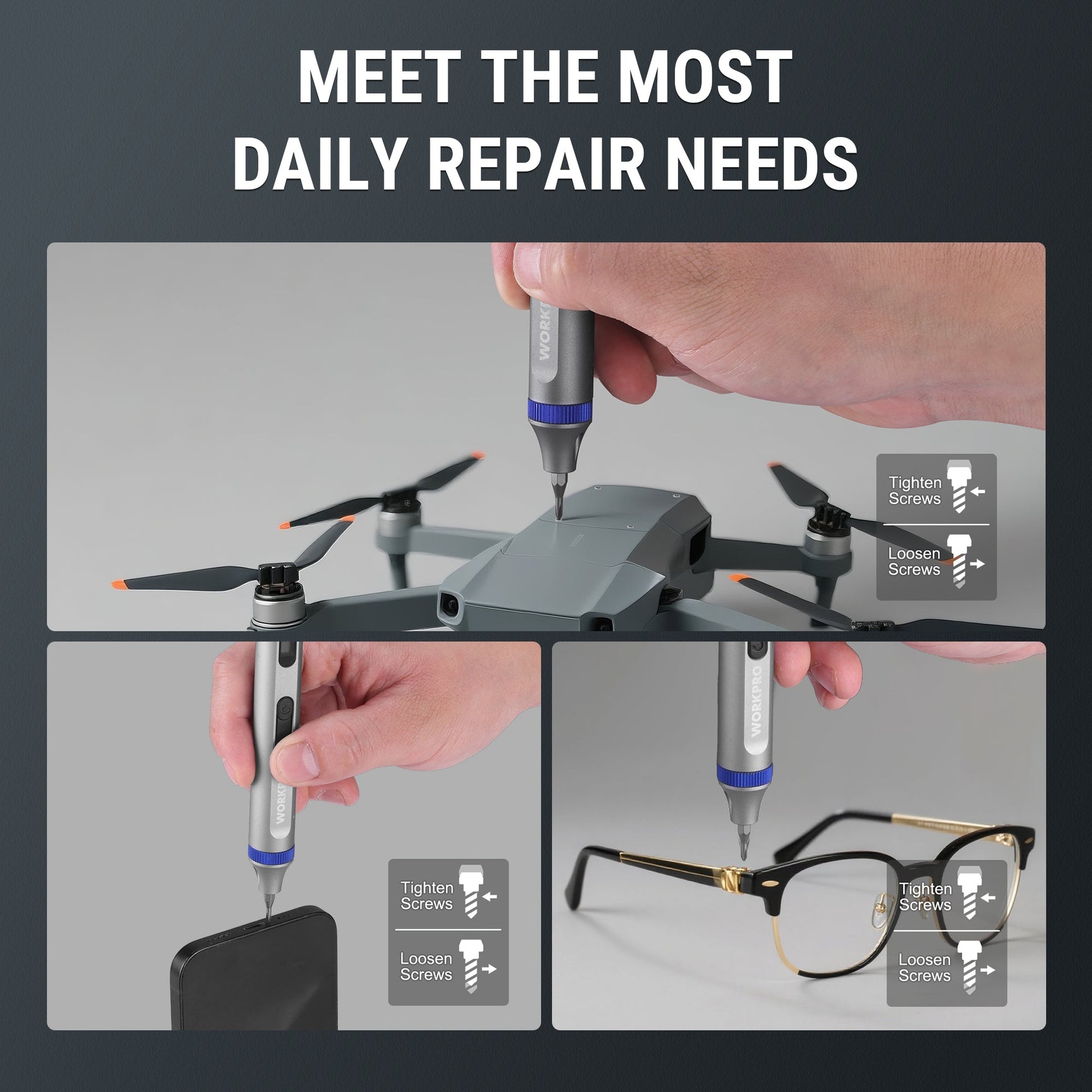 WORKPRO electric precision screwdriver used for electronics repair, tip working on parts