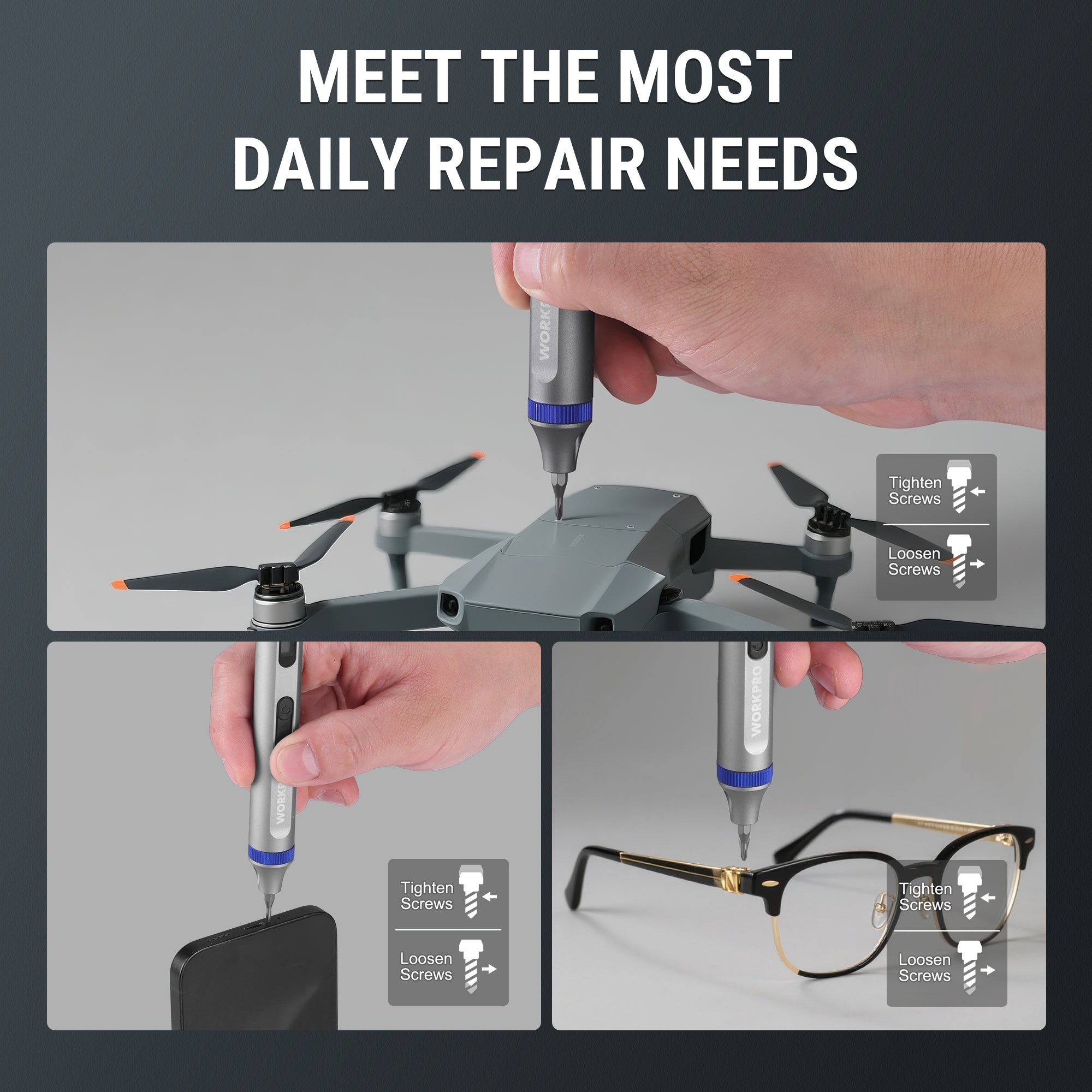 WORKPRO electric precision screwdriver used for electronics repair, tip working on parts