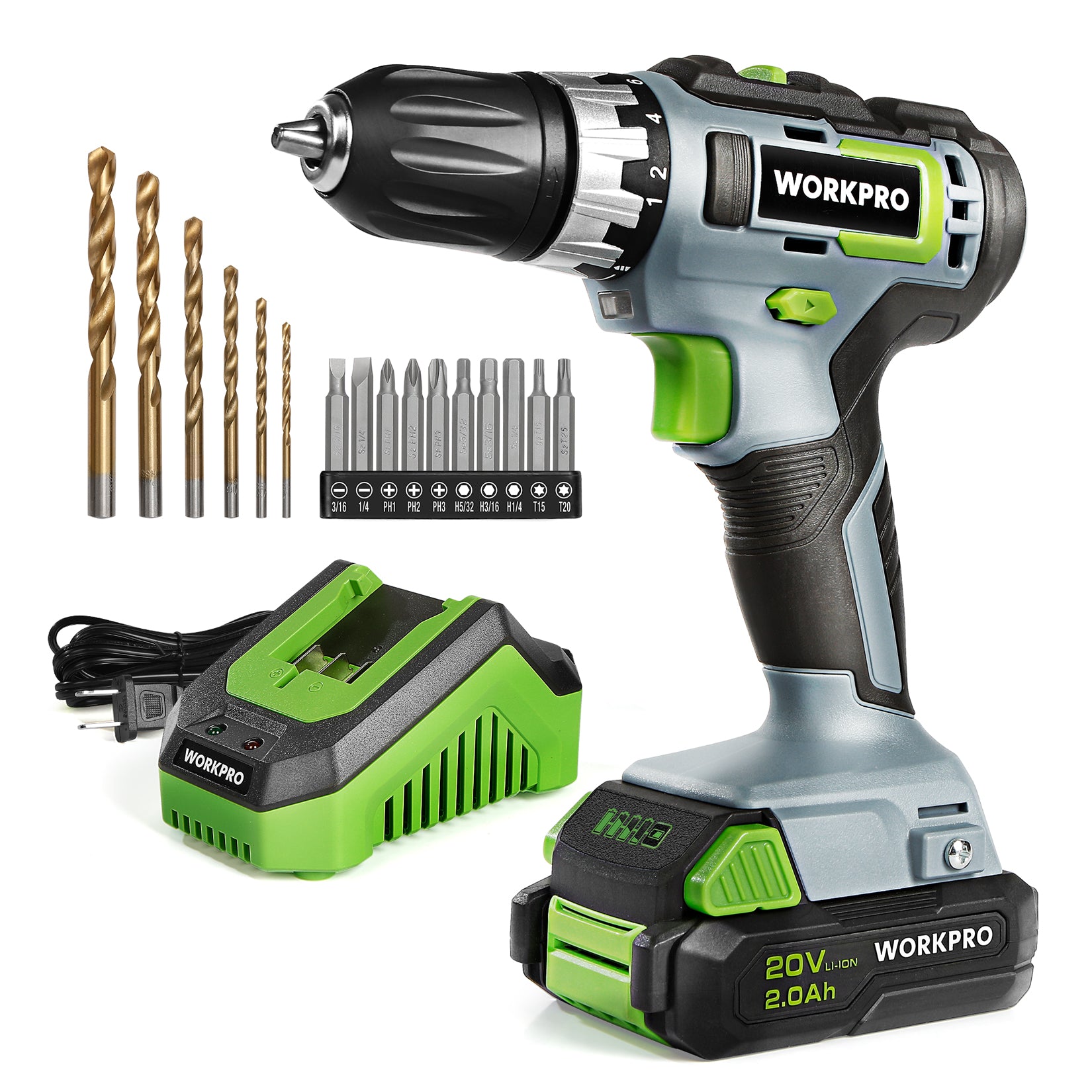 WORKPRO 20V variable speed cordless drill driver kit with keyless 38 inch chuck, innovation quality durable