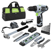 12V cordless drill kit with storage bag, charger, bit set, wrenches, and screw tools