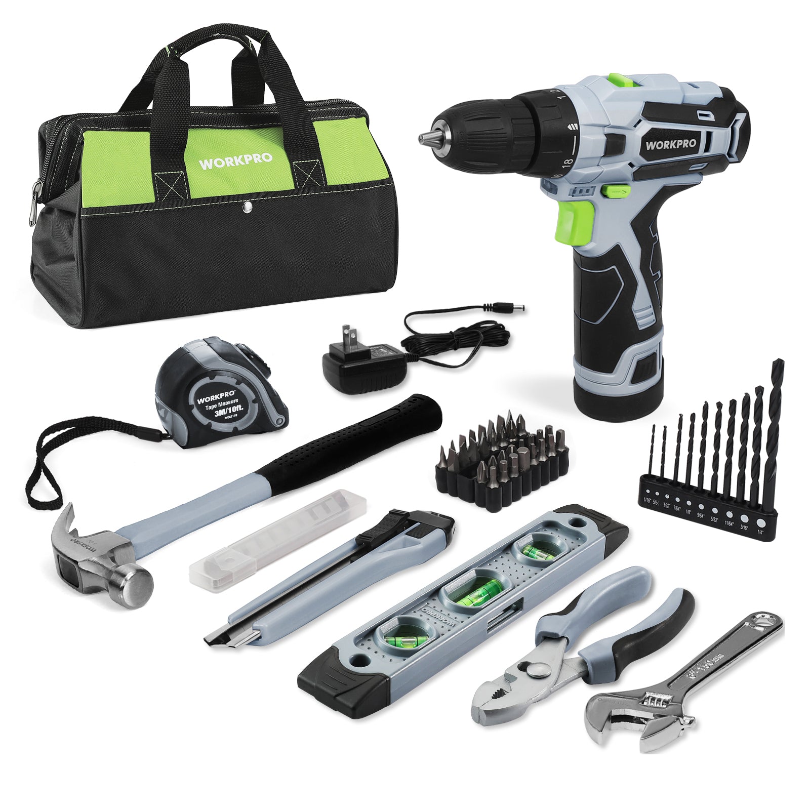 12V cordless drill kit with storage bag, charger, bit set, wrenches, and screw tools