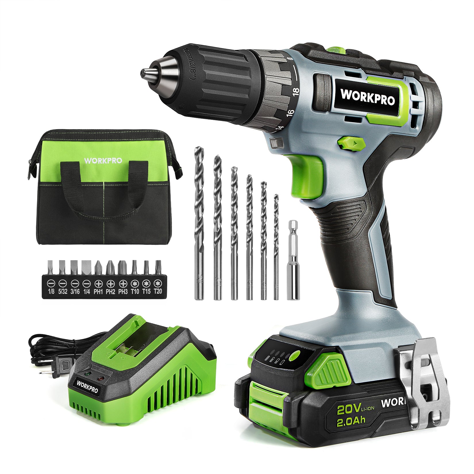 WorkPro cordless drill set with a gray and green drill, battery, charger, drill bits, and carrying case on a white background.