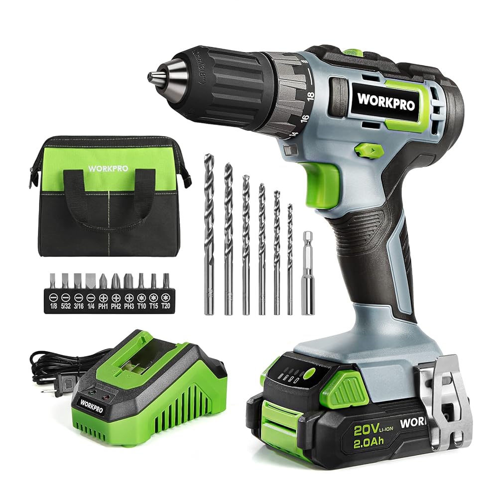 WORKPRO 20V Cordless Drill Driver Kit, 2.0 Ah Li-ion Battery, 1 Hour Fast Charger and 11-inch Green Storage Bag Included