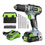 WORKPRO 20V Cordless Drill Driver Kit, 2.0 Ah Li-ion Battery, 1 Hour Fast Charger and 11-inch Green Storage Bag Included