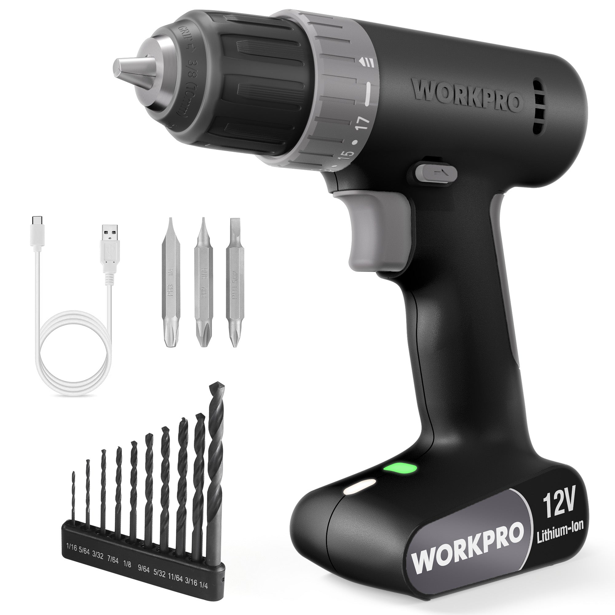 WORKPRO 12V Cordless Drill Set with Bits, 3/8" Keyless Chuck, 2-Speed, USB Type-C Charging Cable, Built-in LED Light, Compact for Home & DIY