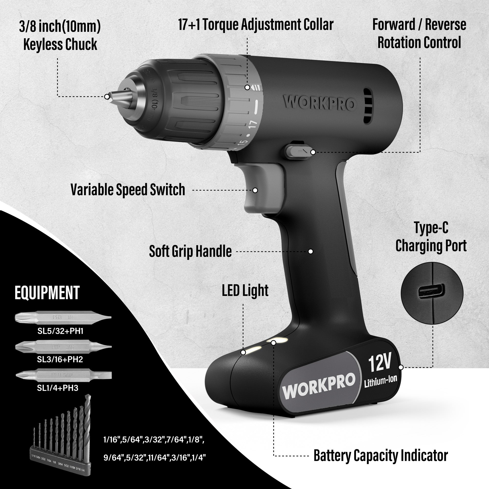 WORKPRO 12V cordless drill with keyless chuck, 2-speed switch, LED light, Type-C charging port