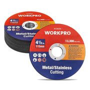 Workpro cut-off wheels for stainless metal in red and blue, 20-piece set with 4-1/2 inch diameter and 13,000 RPM rating.