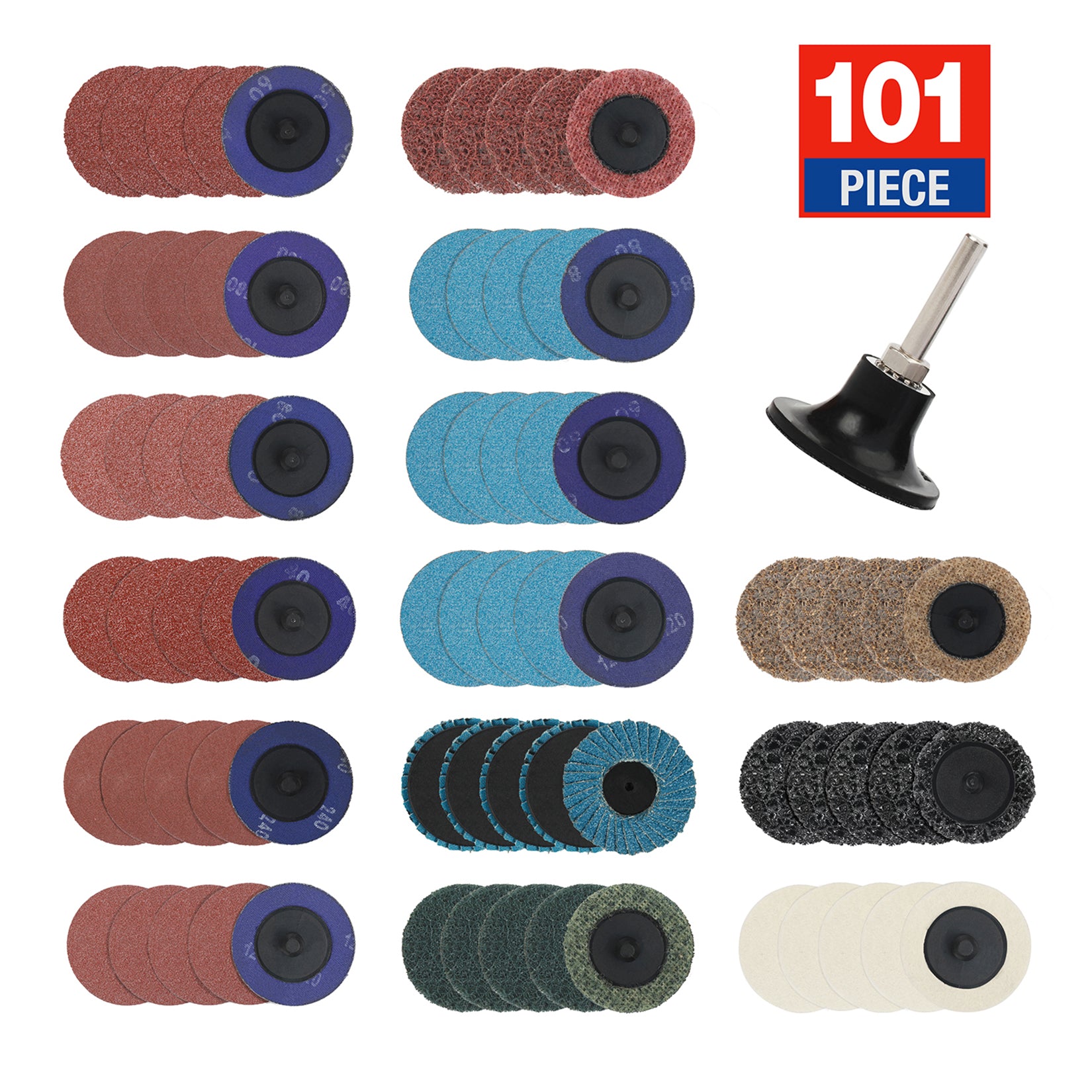 A set of sanding discs and a sanding tool head, showing innovation and durable quality in multiple colors